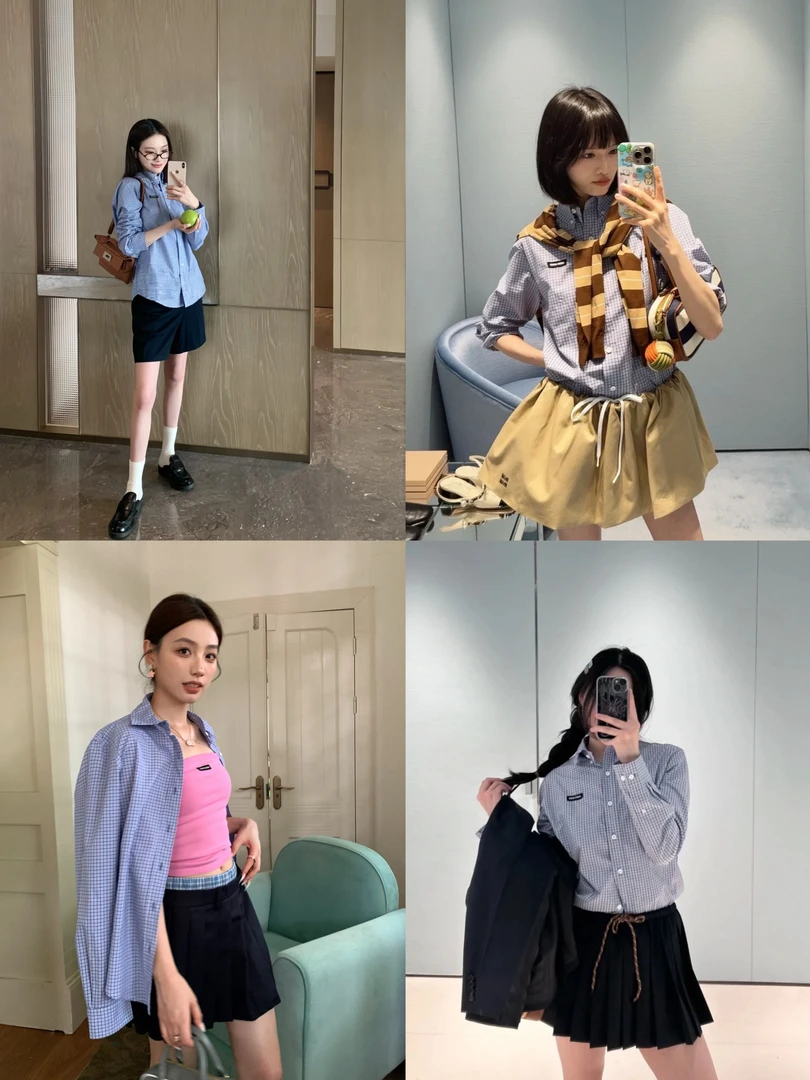 减龄学院风 蓝色格子徽标刺绣可叠穿通勤百搭翻领长袖衬衣80095
