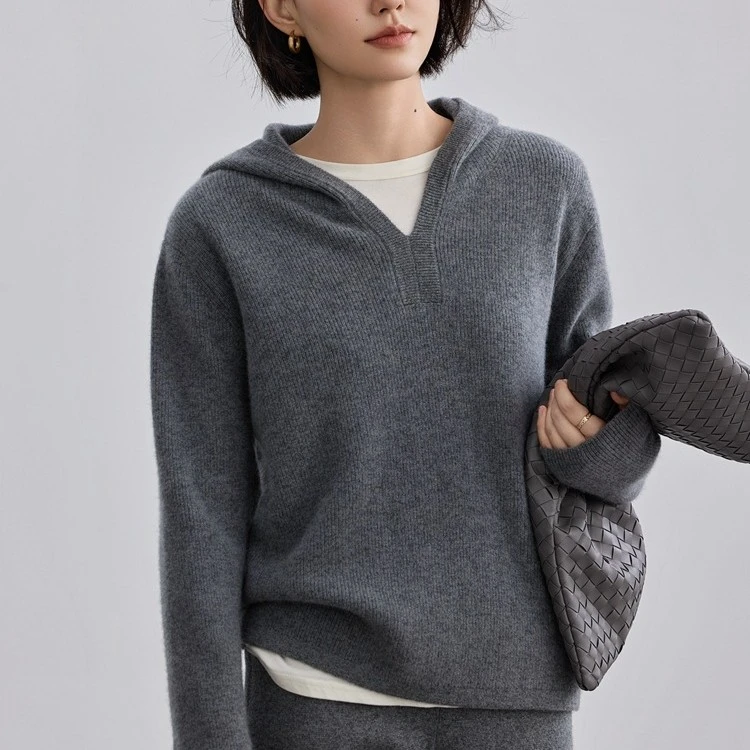 秋冬新款羊绒衫休闲慵懒宽松加厚针织打底帽衫100%纯山羊绒毛衣