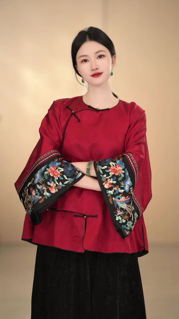 「唐宋」新中式日常红色刺绣时尚衬衫汉服圆领上衣四季复古氛围感