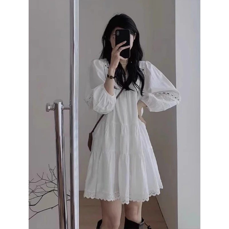 2025新款秋季白色镂空衬衫式洋装大尺码女装胖mm高级感宽松遮肚短