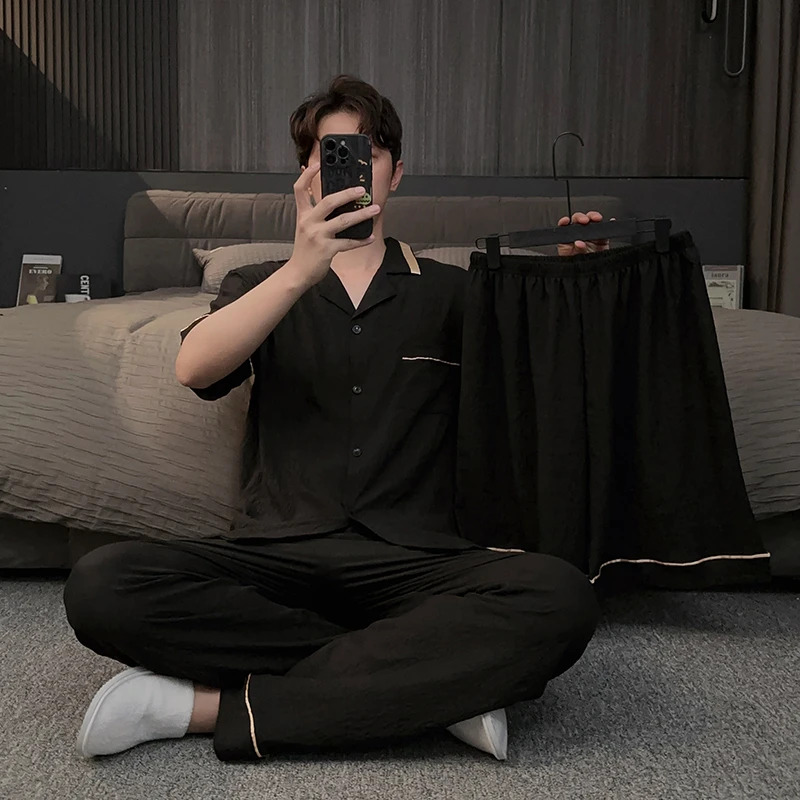 高级感男士睡衣夏季薄款云朵棉三件套夏天短袖短裤长裤家居服大码