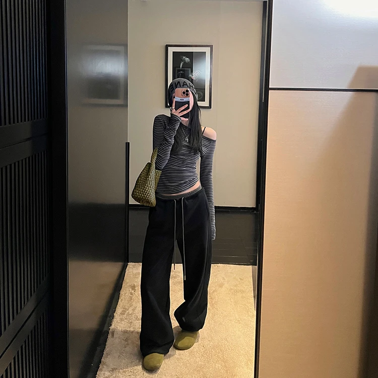 卫裤女2025春季新款高腰休闲长裤直筒阔腿裤腰头撞色百搭裤子