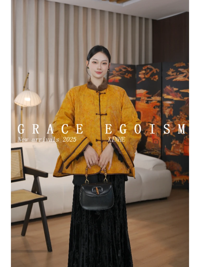 金禾【金禾专属】冬款国风炒色浮光锦拼接水貂毛中式盘扣羽绒服3912