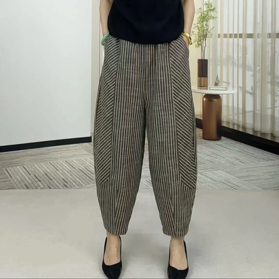 222#新款休闲条纹松紧腰阔腿哈伦裤时尚休闲裤条纹百搭显瘦
