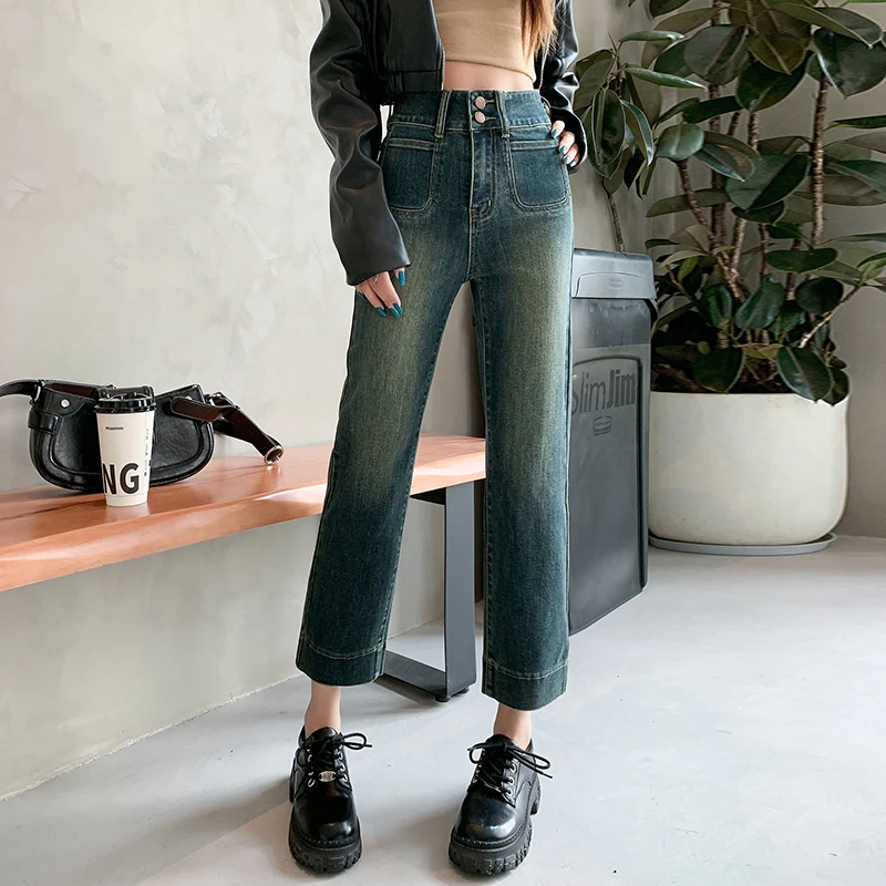 复古蓝直筒牛仔裤女2025秋季新款高腰显瘦宽松窄版黑色九分烟管裤