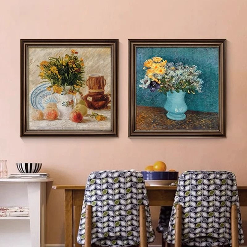 梵高美式餐厅装饰画莫奈餐桌挂画欧式玄关手绘油画客厅菊花442