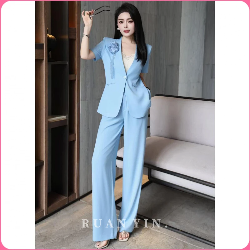阮音轻奢职业套装女2025夏季收腰西装阔腿裤时尚干练气质两件套女