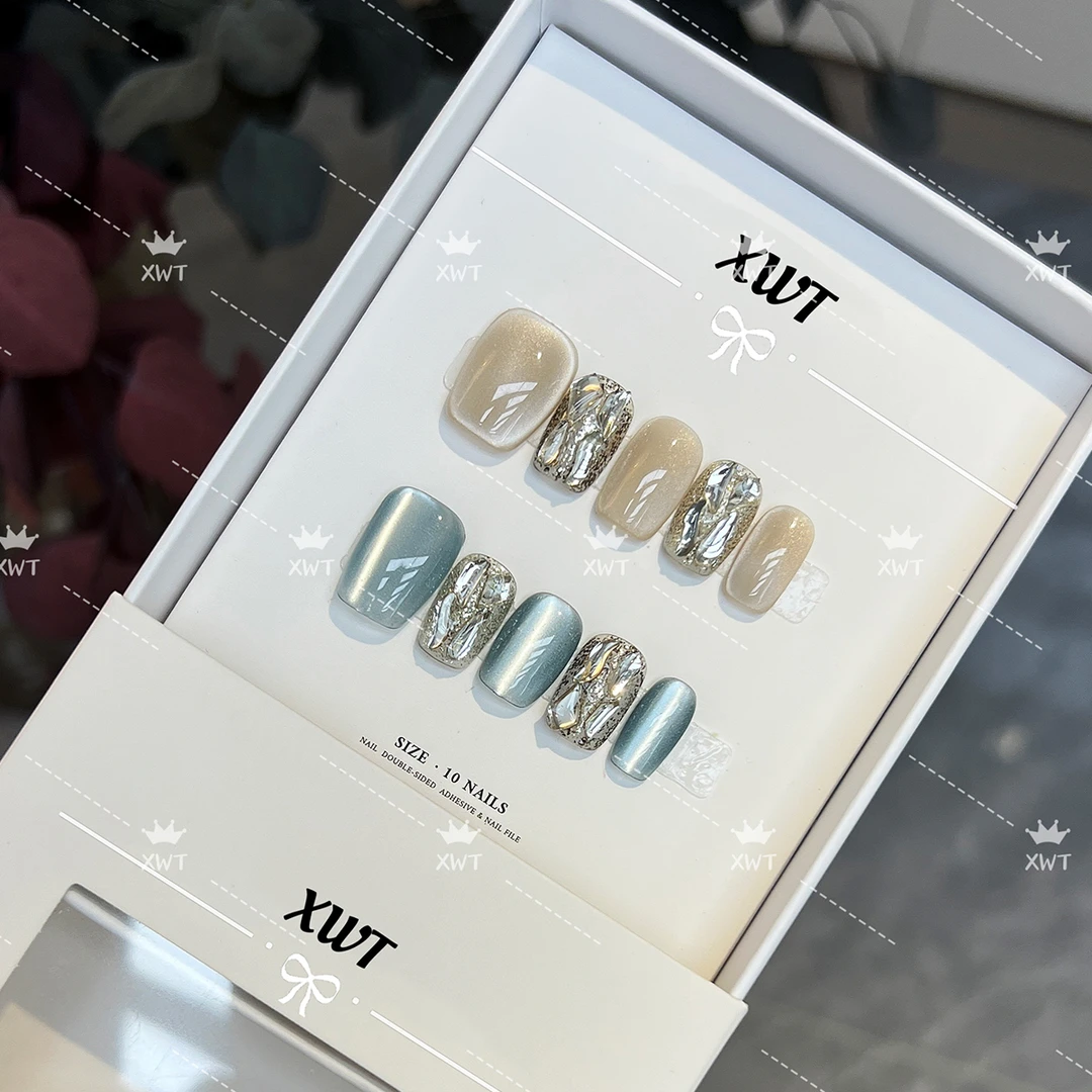 雾霾蓝猫眼香槟猫眼 日常气质显白短款 时尚穿戴甲成品假指甲贴片