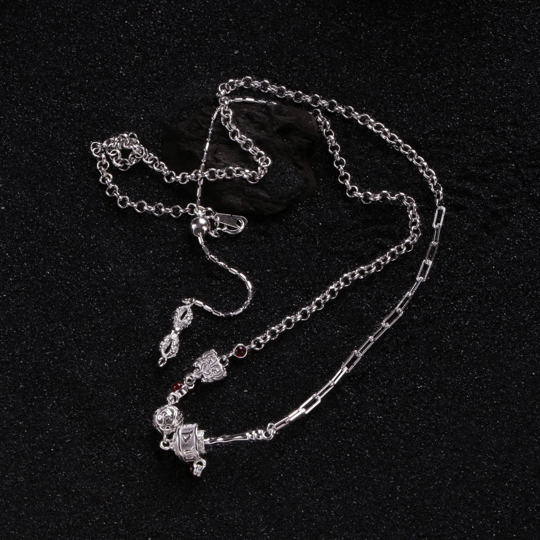 链子925银 N18109 六字真言转经筒祥云杵项链