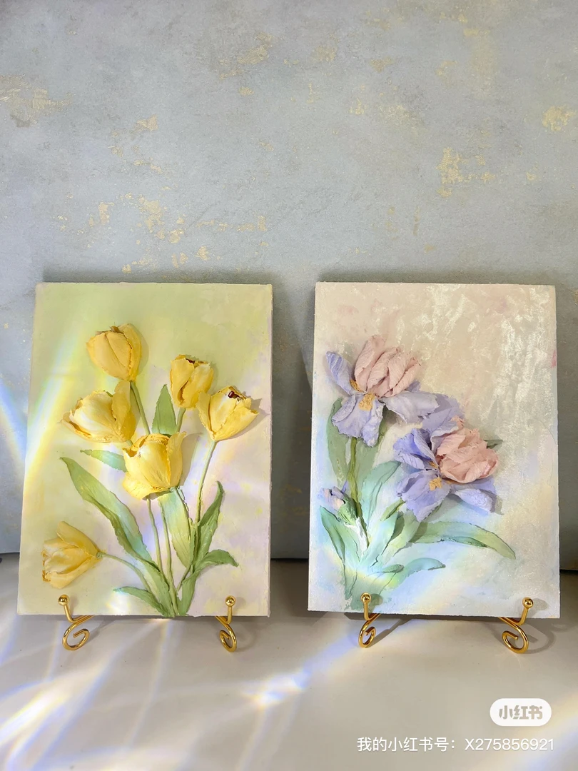 浮雕纯手工艺术成品孤品立体画家居装饰画鸢尾花摆台郁金香摆台