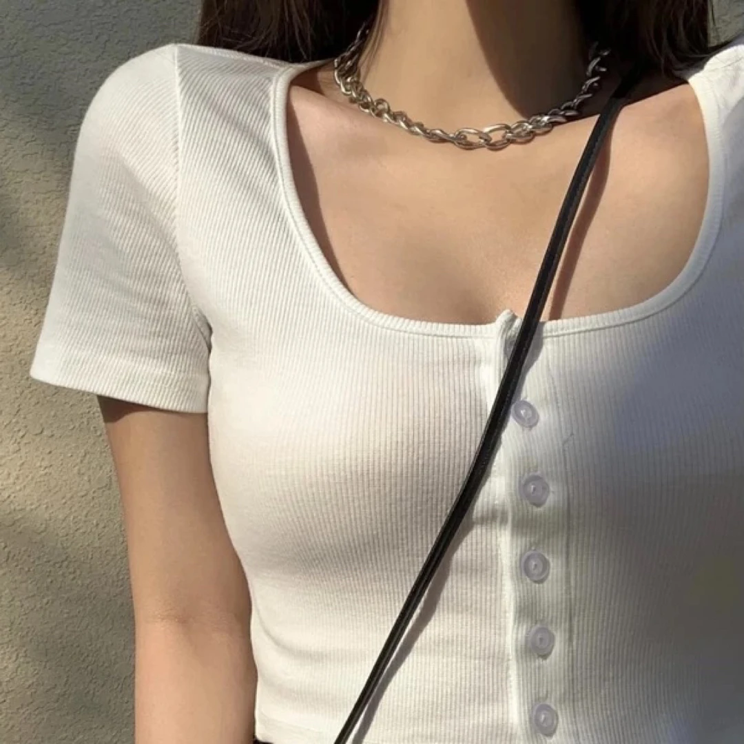 欧美螺纹正肩短袖T恤女夏季修身显瘦辣妹开衫上衣（偏远地区不发）