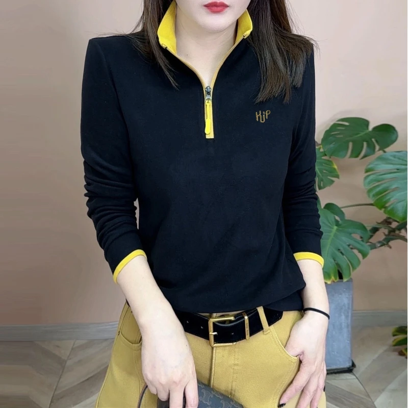 2024冬季新品时尚百搭修身显瘦加绒加厚半拉链打底女士上衣5551