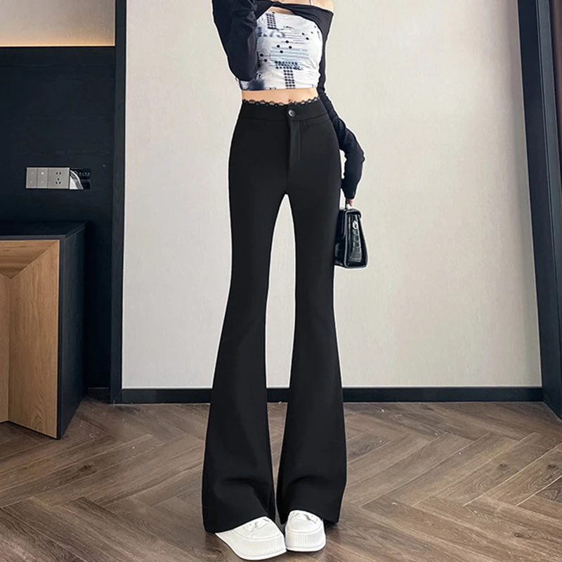 春秋蕾丝拼接黑色西装裤女2025新款秋季垂感直筒长裤显瘦微喇裤