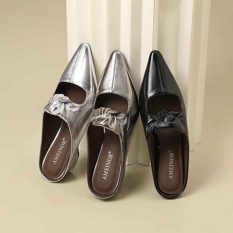 AMEINOR2025春季新款真皮镂空小尖头坡跟低跟女士拖鞋