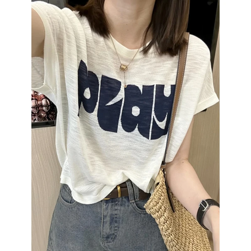 薄款冰丝短袖针织衫女夏季2025新款宽松洋气减龄设计感短款上衣女