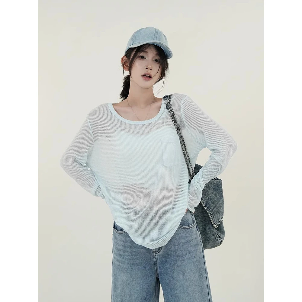 VUMP 微透镂空长袖针织T恤女春夏季新款韩系宽松防晒圆领罩衫上衣