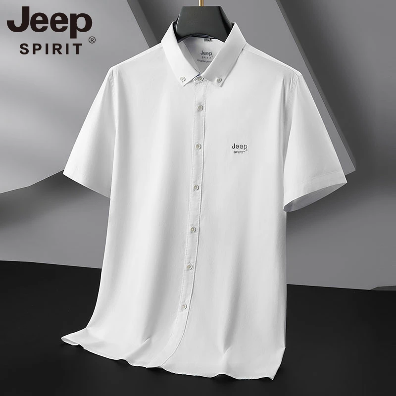Jeep吉普官方正品纯棉短袖衬衫商务休闲翻领t恤简约纯色水洗衬衣