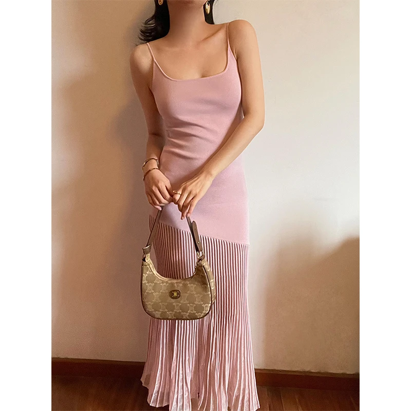 法式粉色拼接性感透视修身显瘦包臀鱼尾裙针织吊带连衣裙女夏季款