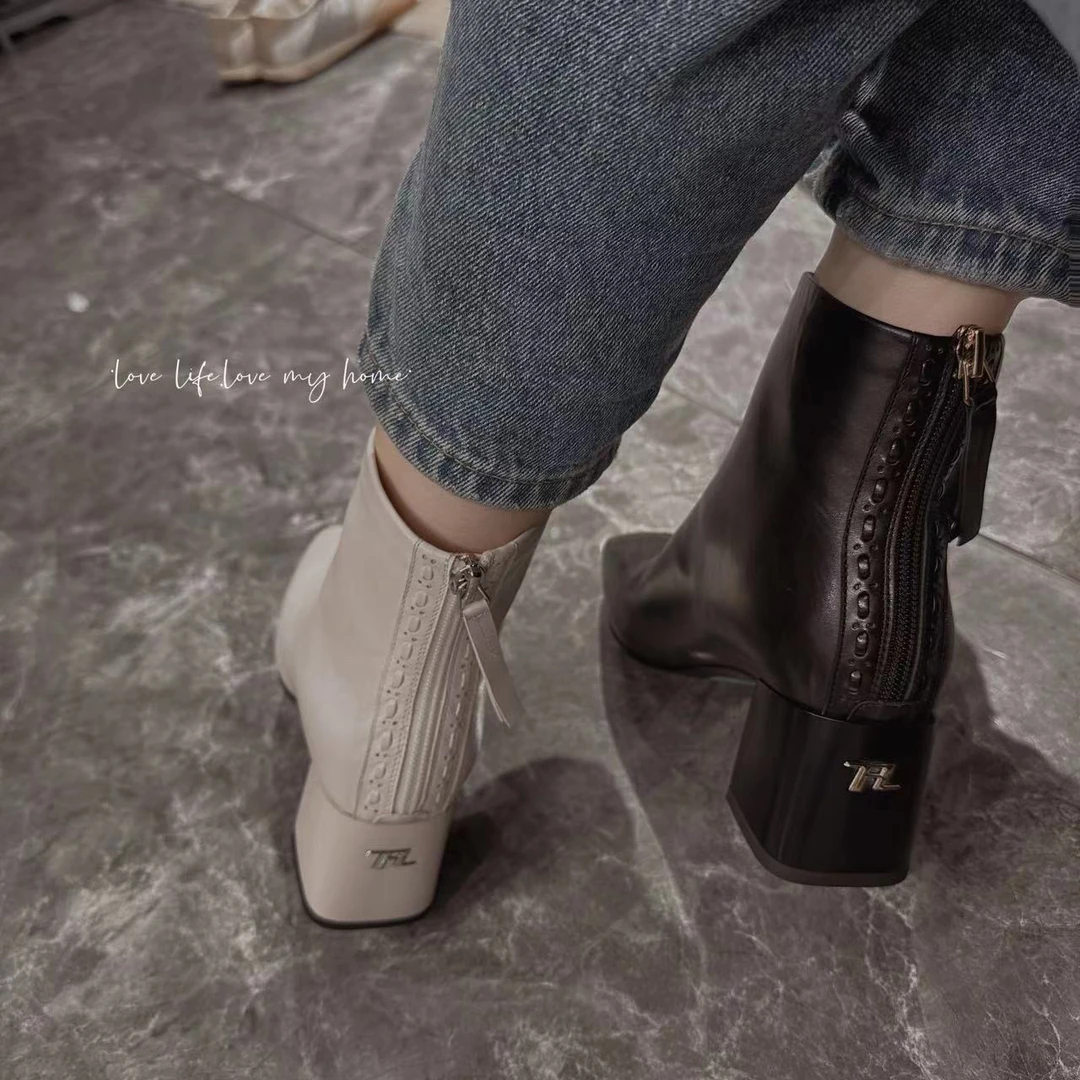 现货~方头中跟短靴时尚百搭真皮粗跟短靴高级简约24-381