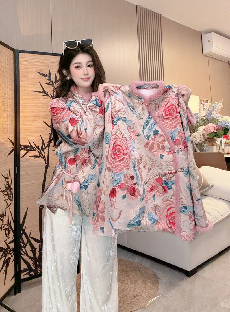 【凤尾花开】821新中式国风盘扣立领毛毛加绒新中式温柔风气质外套