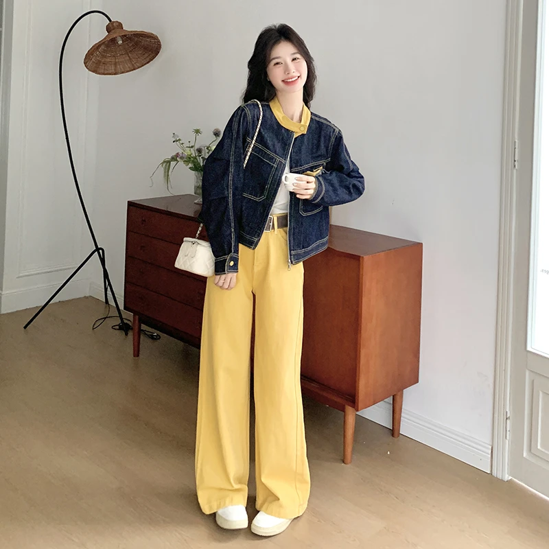 休闲时尚撞色拼接牛仔套装女2025春季新款设计感减龄阔腿裤两件套