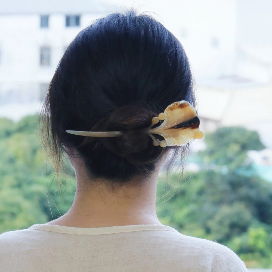 栖遇天然真白水牛角纯手工精雕银杏发簪子新中式汉服旗袍配饰发饰