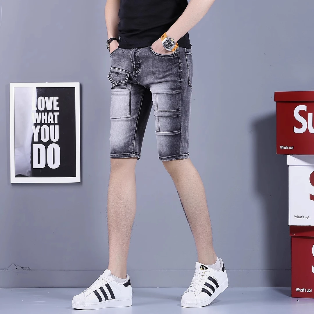 臣吾夏季薄款工装牛仔短裤男复古潮牌中裤男士修身休闲弹力五分裤