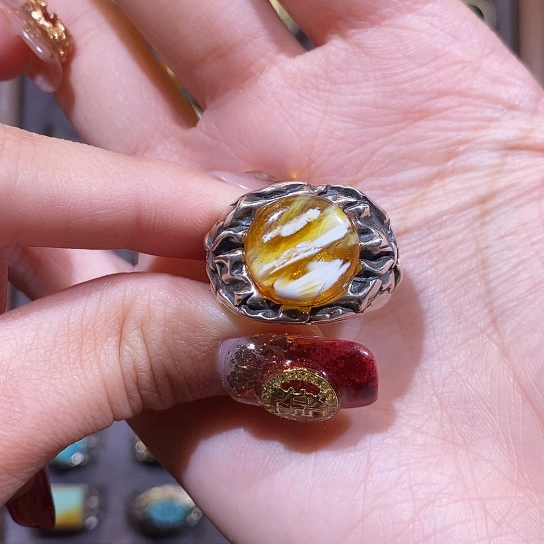 琥珀戒指银S925镶嵌姑**茗戒指