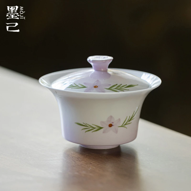 墨己玉泥白瓷手绘紫梦锁颜撇口盖碗功夫茶具陶瓷家用仿烫泡茶碗