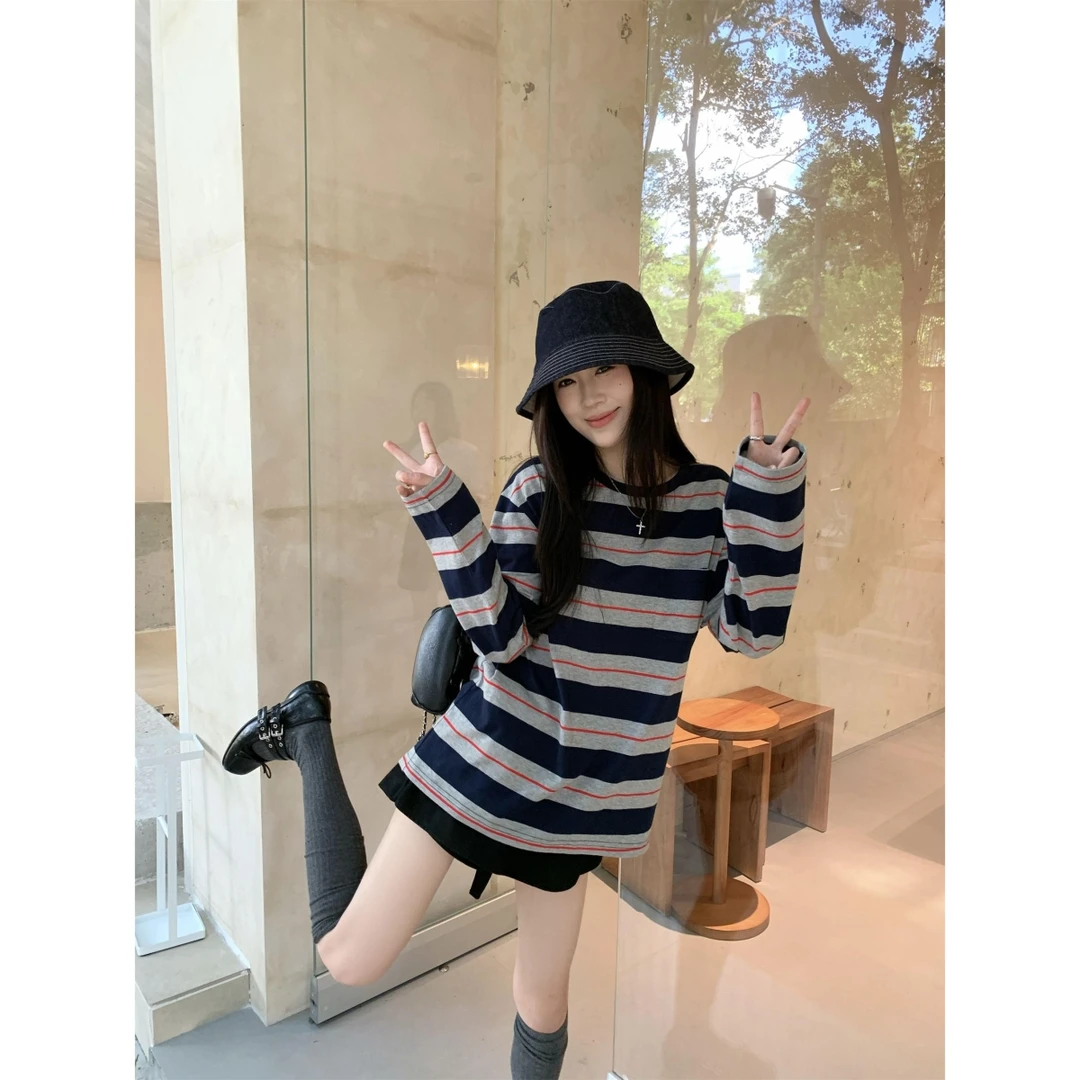 【原版面料】复古撞色条纹圆领长袖T恤早秋慵懒风美式宽松休闲上