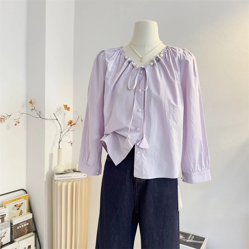 紫色系带法式V领长袖衬衫女2025春季设计感宽松减龄洋气小衫上衣