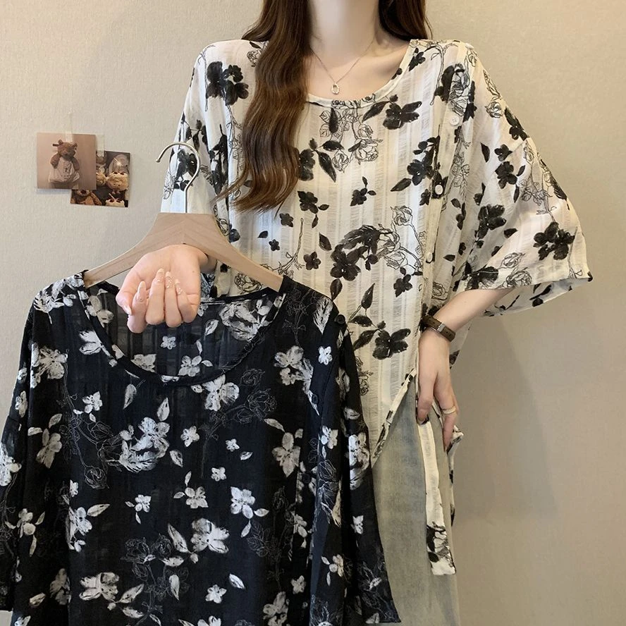 不规则碎花大码正肩短袖恤女装夏季雪纺薄款宽松显瘦睡衣