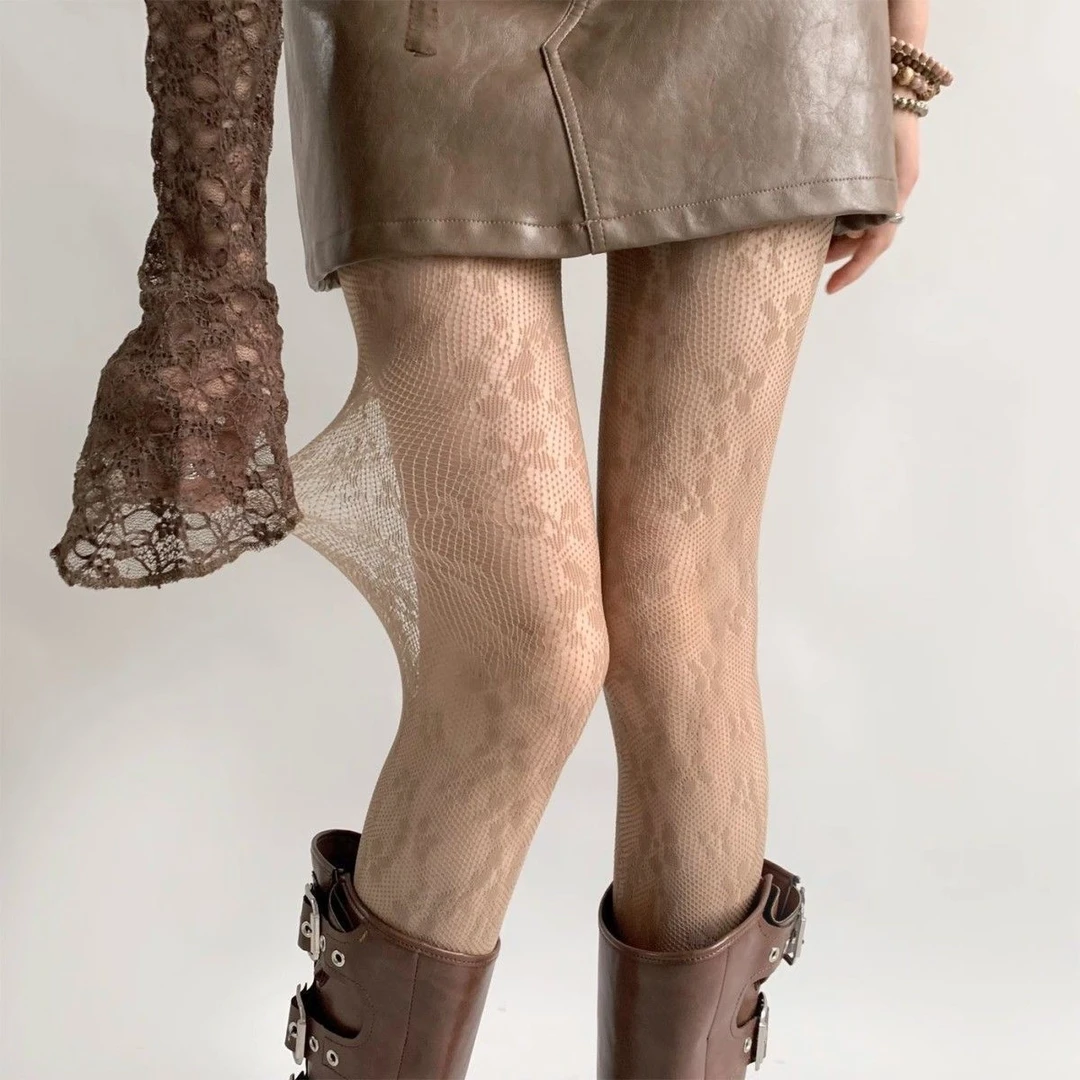 蕾丝花瓣网眼镂空连裤袜春秋薄款洛丽塔丝袜配长筒靴复古咖啡色