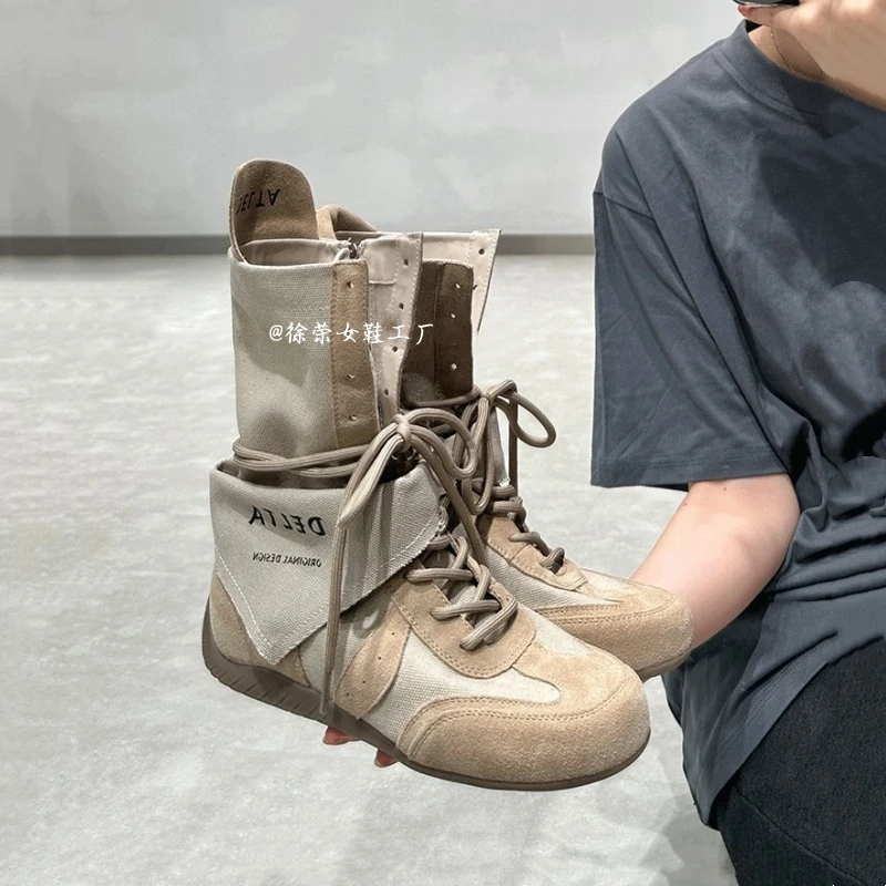废土风薄款靴子女款2025新款西部牛仔靴夏季帆布高帮德训鞋女短靴