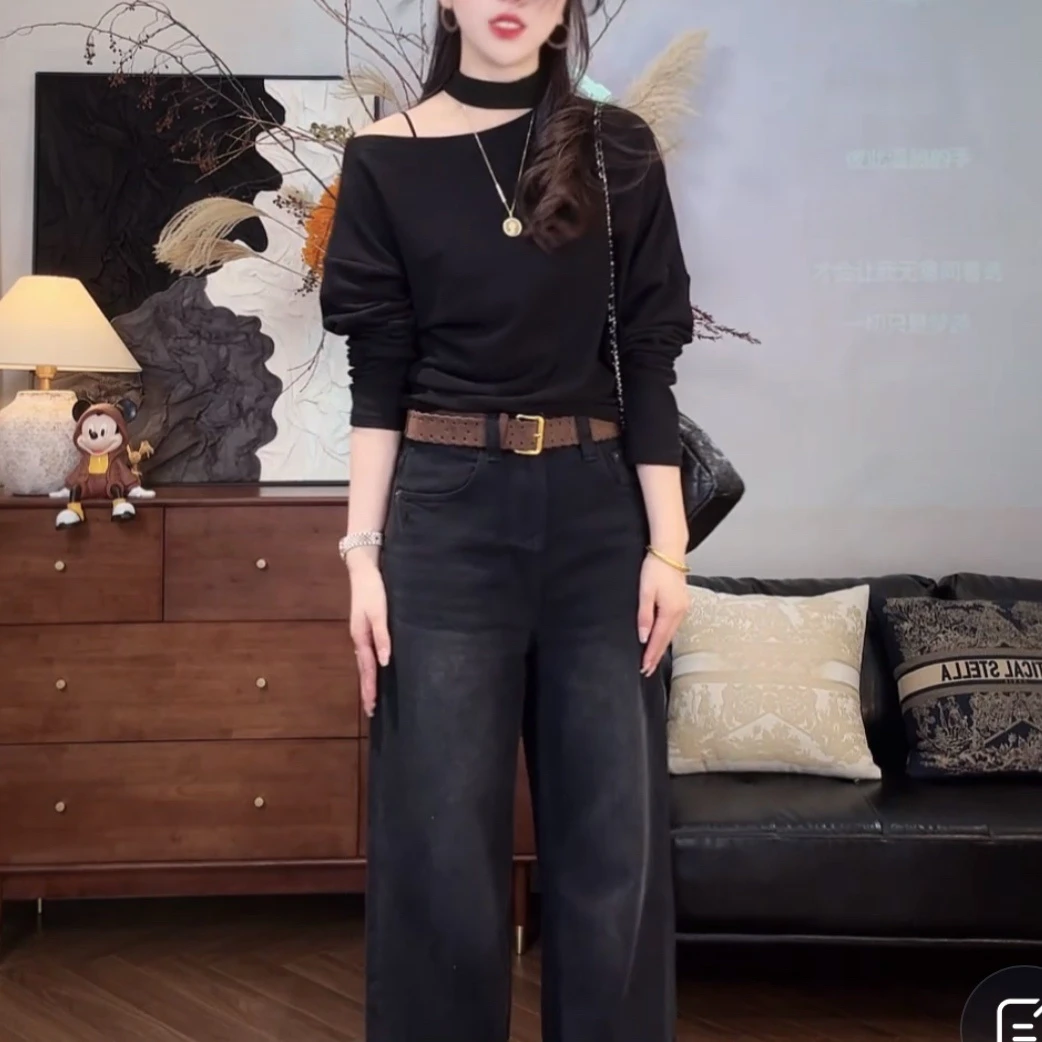 "心动百利甜”露肩挂脖长袖T恤女2025新款秋冬时尚洋气百搭上衣