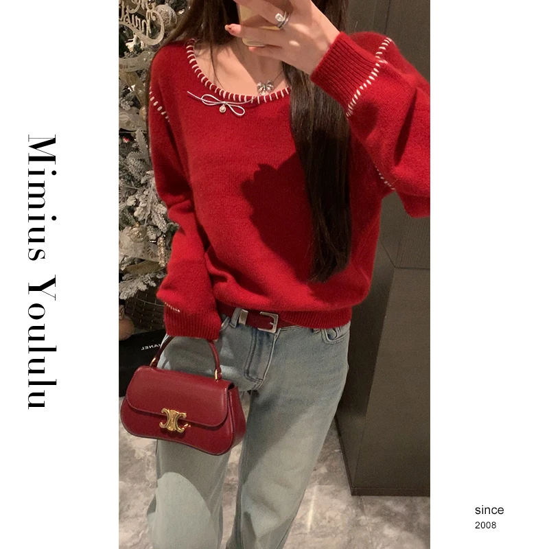 【mimius】喵喵 明线拼蝴蝶结羊毛针织衫毛衣 WF11053