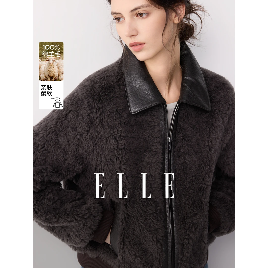【100%绵羊毛】ELLE女装毛绒短外套25冬季新款翻领夹克EF53015