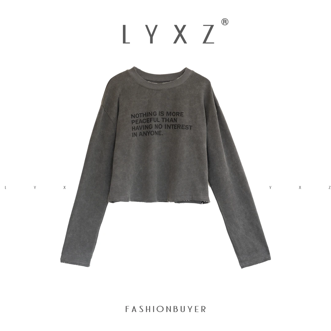 LYXZ x 【北上柔雾】新款短款长袖T恤圆领字母印花百搭上衣80624