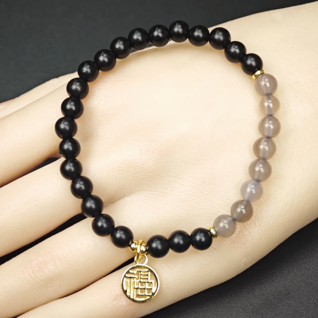 【福至】黑檀木6mm五条纹玛瑙双圈手串 SJ324