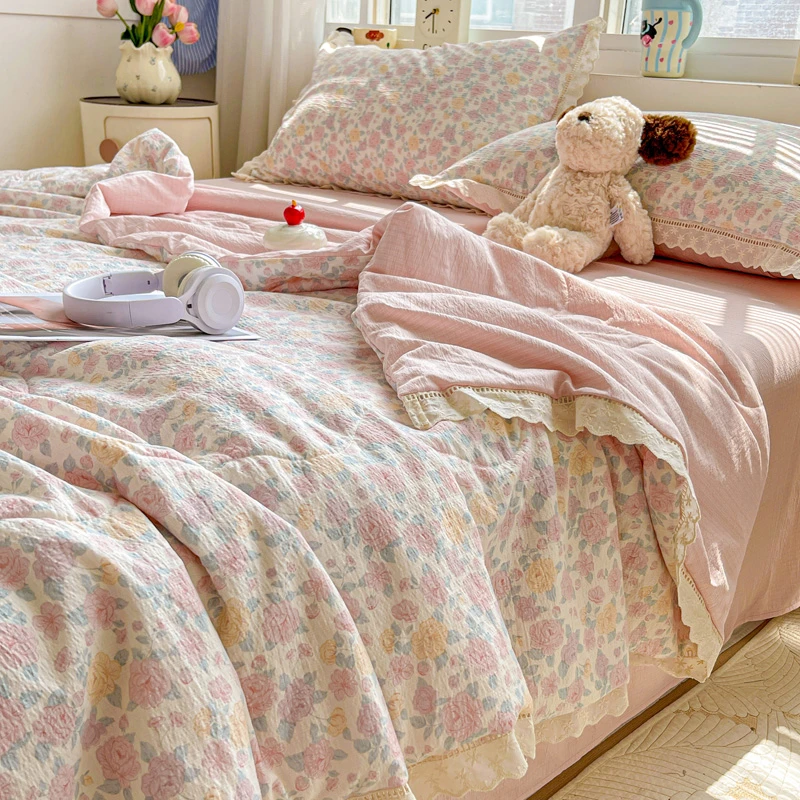 夏季夏被薄被子单件2025新款小清新花边家用四季床单空调被四件套