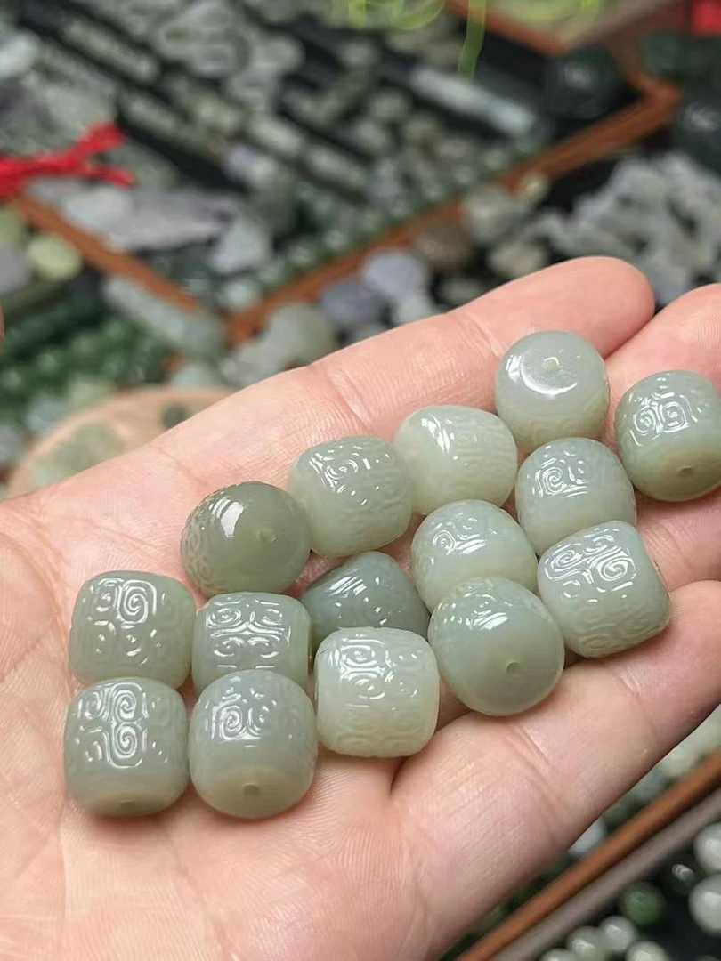 天然新疆和田玉回纹珠桶珠14mm老型散珠子隔珠diy手链项链配饰