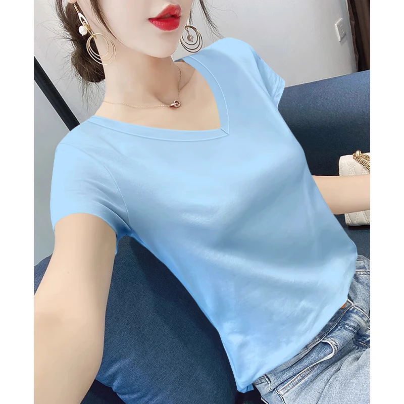 新款白色V领宽松短袖T恤女莫代尔正肩设计冰丝纯色T恤夏季打底衫