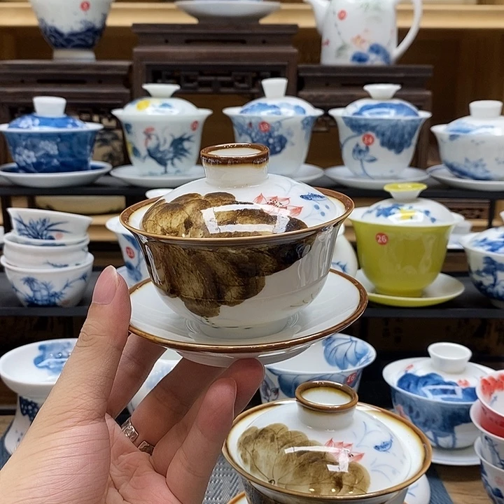 手绘窑变荷花翠鸟盖碗釉下彩高温瓷微瑕福利款