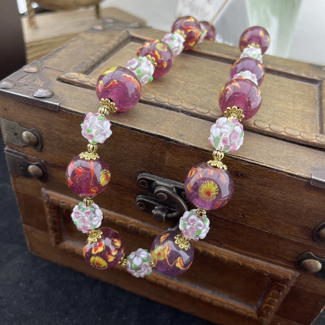 铜合金琉璃项链 凤眼老琉璃搭蛋糕琉璃项链手工轻奢紫色时尚气质