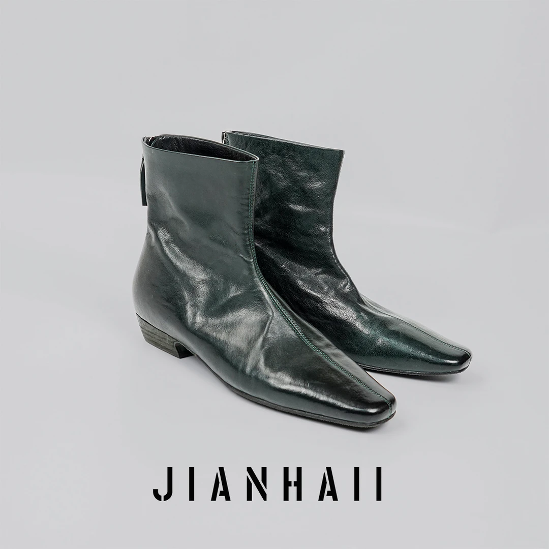 【宣染丨法式极简】3公分马皮极简复古褶皱手抓纹及踝瘦瘦靴1634