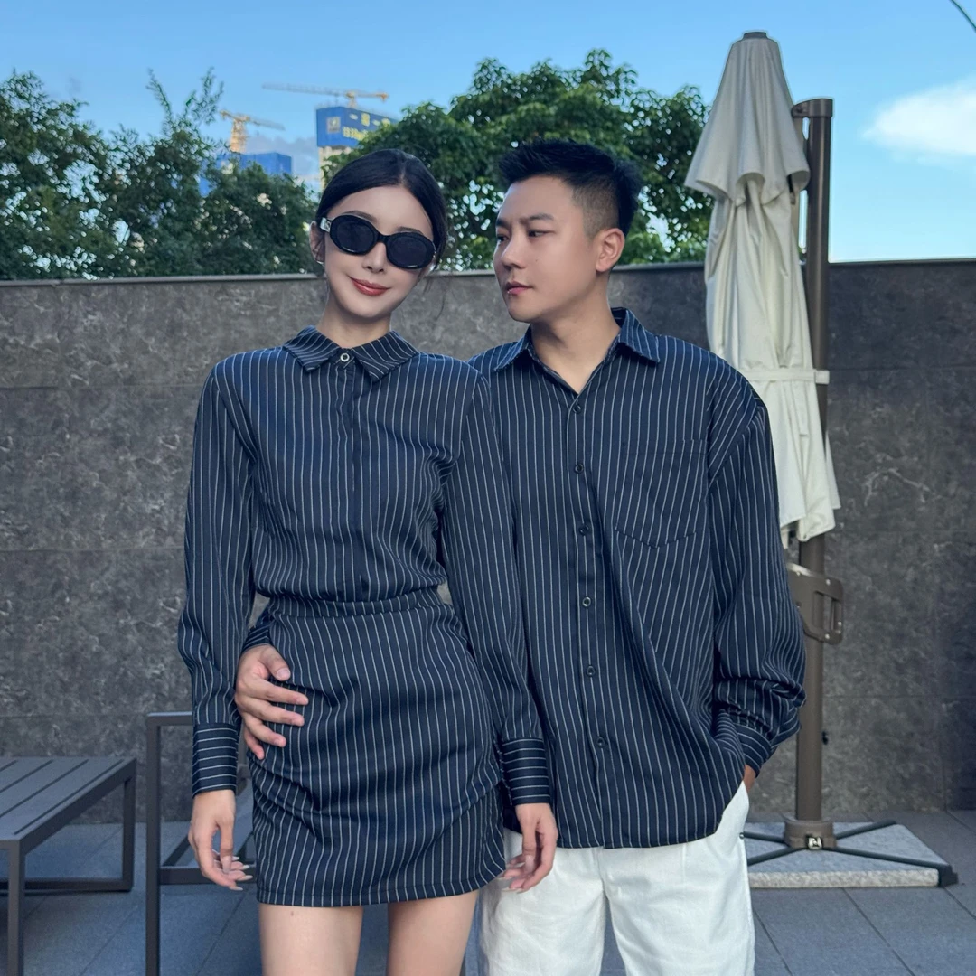 【YG】情侣装秋季长袖短裙复古修身条纹时尚衬衫连衣裙一裙一衣