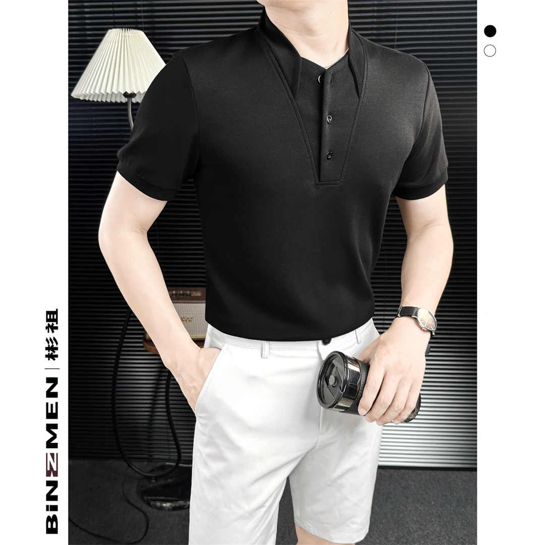 英伦风绅士V领polo衫男款爆款2025新款夏季设计感商务休闲男装t恤
