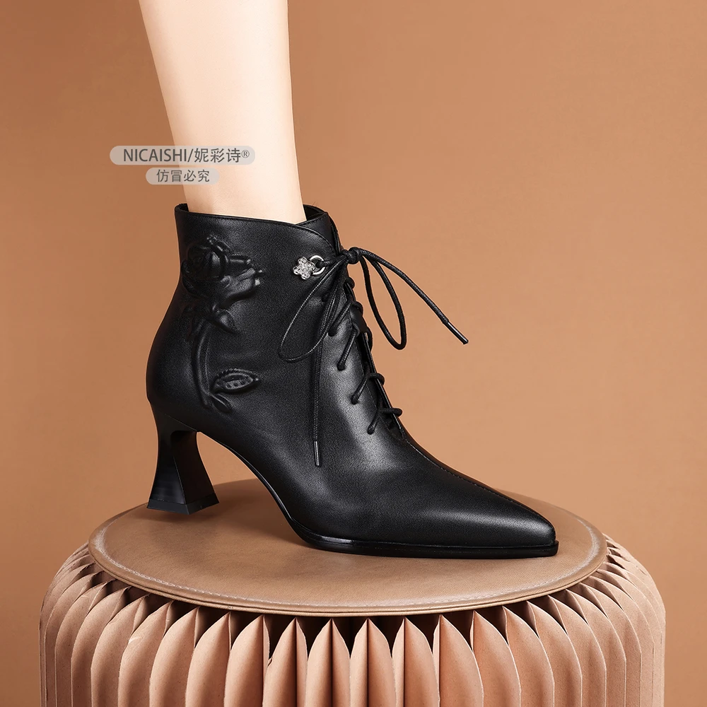 2025年新款欧美小众系带短靴舒服粗跟黑色时尚百搭显瘦3055