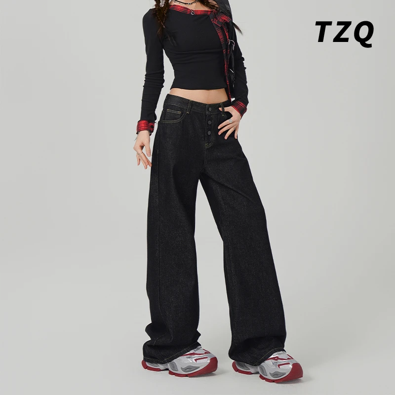 黑蓝色阔腿牛仔裤女2025夏季新款美式排扣宽松直筒裤子TZQ123027