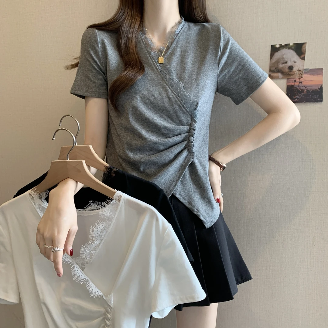 蕾丝边交叉V领正肩t恤女2025年夏季大码胖MM显瘦设计感不规则上衣